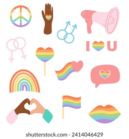 Pride month concept, gender equality, people diversity. Set of elements such as rainbow flag, heart, lips, male and female symbol, megaphone.