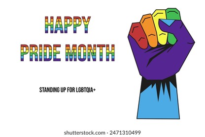 Pride Month concept isolated white background. Pride Month web Banner design with Rainbow fist and Typography inscription. Vector with copy space. Editable stroke.