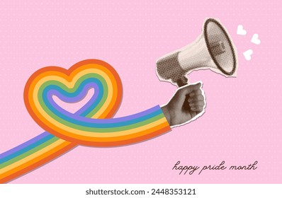 Pride Month creative banner concept. Retro collage with halftone hand holding loudspeaker with heart shaped rainbow sleeve. Collage with cut out paper elements for decoration of LGBT events. Vector