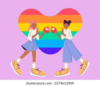 Pride month. Cute couple holding love letter. Valentine`s day. Modern isolated vector illustration.