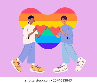 Pride month. Cute couple holding heart. Valentine`s day. Modern isolated vector illustration.