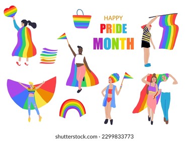 Pride month day object with couple and people for postcard social media
