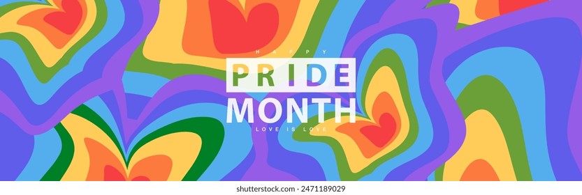 Pride month design with Hearts rainbow color background in groovy cartoon style. Horizontal Happy Pride Month background.