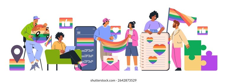 Pride month diverse people rainbow flag celebration LGBTQ community icons digital social media puzzle globe notebook envelope