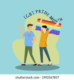 Pride month during LGBT parade vector clip art illustration of gay lovers holding flags and waving with happy smiles