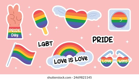 Elemento del mes del orgullo establecido con la bandera y el corazón LGBTQ