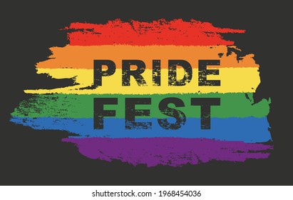 Cartel del logo del mes del orgullo con la bandera.El amor en la bandera es amor.Símbolo del orgullo arcoiris con corazón, LGBT, minorías sexuales, gays y lesbianas.Cartel de diseño, logotipo, icono:arcoiris colorido sobre fondo negro.Vector