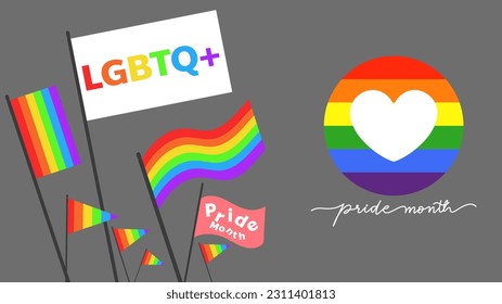 Pride Month with pride flag or rainbow colors, Human rights or diversity concept ,isolated on gray background, Vector illustration EPS 10