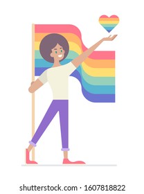 Pride Month, flat style LGBT happy guy presenting heart and holding pride flag on isolated background vector illustration