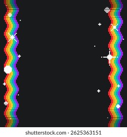 Pride Month Flat Wavy Line Frame with Glitter Effect on Black Background, Pixel Art Style Artwork