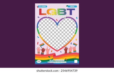 Pride Month Flyer. Poster templates with LGBTQ community symbols and signs, rainbow flags, crown and globe, love freedoms and rights equality. Vector illustration.