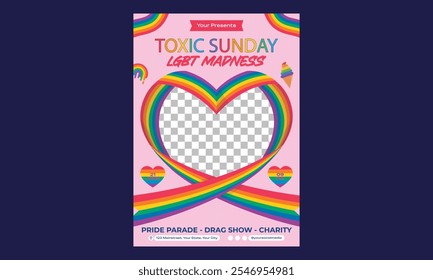 Pride Month Flyer. Poster templates with LGBTQ community symbols and signs, rainbow flags, crown and globe, love freedoms and rights equality. Vector illustration.