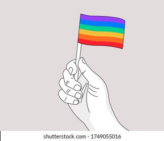 Pride month gay pride symbol - drawing hand waiving a rainbow flag - vector line art illustration for Pride gay event celebration