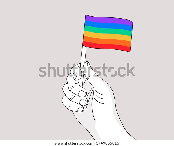 Pride month gay pride symbol - drawing hand\
waiving a rainbow flag - vector line art illustration for Pride gay\
event celebration