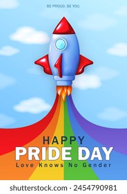 Pride Month greeting card with 3d cartoon rocket and colorful bright rainbow in pure sky with clouds and text - Happy Pride Day! Template of poster, banner with spaceship launch and LGBT rainbow flag