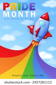 Pride Month greeting card with 3d cartoon rocket and colorful bright rainbow in the pure sky with text - World Pride Day. Template of vertical banner, poster with cute spaceship and LGBT rainbow flag