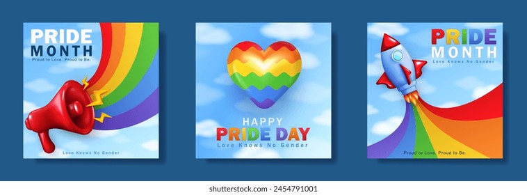 Pride Month greeting cards with 3d cartoon rocket, realistic megaphone, colorful puffy heart and bright rainbow in the pure sky with text. Template of square banners, posters with LGBTQ+ rainbow flag