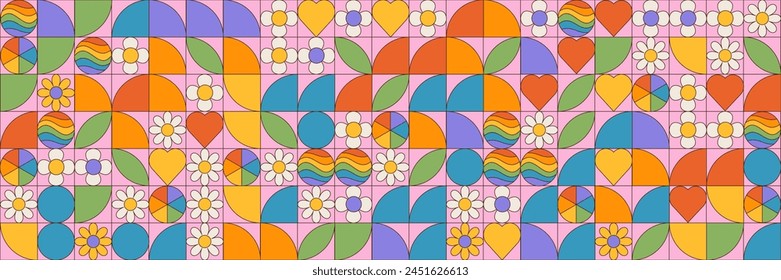 Pride Month groovy background. LGBT June parade. Seamless geometric pattern with simple geometric shapes and hippie flowers. Template for background, banner, card, poster. Vector EPS10 illustration