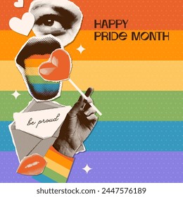 Pride month halftone collage in a contemporary grunge style with torn out paper stickers - female eye, mouth with tongue, hand holding lollypop. Vector nostalgic illustration.