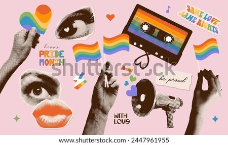 Pride month halftone collage paper stickers set in a contemporary punk grunge style. Eyes, hands, lips, megaphone and vintage music cassette. Trendy nostalgic collection for LGBT Pride month. Vector