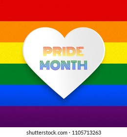 Pride month heart vector illustration on rainbow background, LGBT love celebration