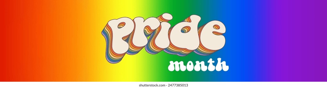 Pride month horizontal banner with gradient with pride colors flag and groovy text PRID. LGBTQ Pride month retro or pride day poster, flyer, banner, logo modern style design template.