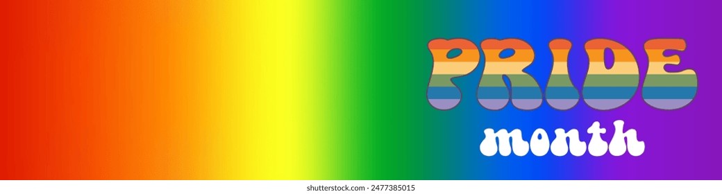 Pride month horizontal banner with gradient with pride colors flag and groovy text PRID. LGBTQ Pride month retro or pride day poster, flyer, banner, logo modern style design template.