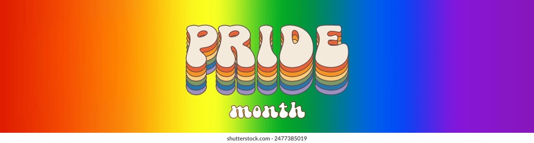 Pride month horizontal banner with gradient with pride colors flag and groovy text PRID. LGBTQ Pride month retro or pride day poster, flyer, banner, logo modern style design template.