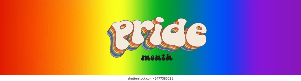 Pride month horizontal banner with gradient with pride colors flag and groovy text PRID. LGBTQ Pride month retro or pride day poster, flyer, banner, logo modern style design template.