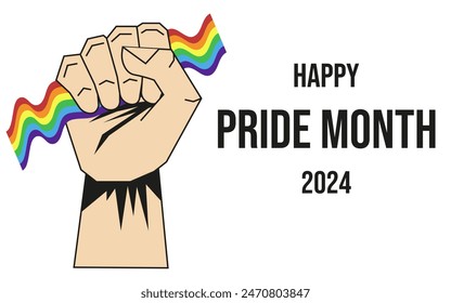  Pride Month horizontal poster concept. Pride Month Banner design with Rainbow flag in fist and Typography inscription. Vector with copy space for social media and web. Editable stroke.