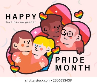 Pride Month illustration LGBTQ+ gay couple, Love has no gender, Celebrating Pride Month. Retro style