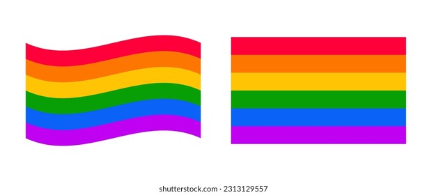 Mes del orgullo, ilustraciones con la bandera de la comunidad LGBT, dos banderas de diferentes formas, vector