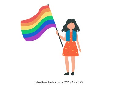 Pride month, illustrations with the LGBT flag, girl holding a large flag