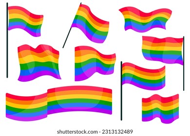 Pride month, illustrations with LGBT flag, set of developing flags of different shapes, clip art, vector