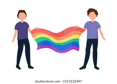 Pride month, illustrations with the LGBT flag, two guys holding a developing flag