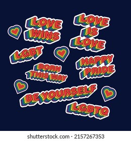 Pride Month in June Lesbian Gay Bisexual Transgender.Celebrated annual. LGBT flag.Rainbow love concept.Human rights and tolerance. love wins. love is love.be yourself sticker pack vector illustration