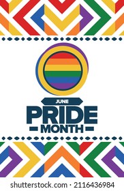 Pride Month in June. LGBT flag. Lesbian Gay Bisexual Transgender. Celebrated annual. Rainbow colours, love concept. Human rights and tolerance. Poster, banner and background. Vector illustration