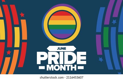 Pride Month in June. LGBT flag. Lesbian Gay Bisexual Transgender. Celebrated annual. Rainbow colours, love concept. Human rights and tolerance. Poster, banner and background. Vector illustration