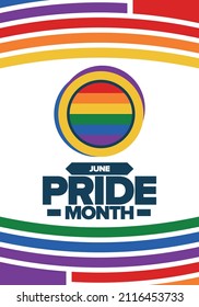 Pride Month im Juni. LGBT-Flagge. Lesbischer Schwulenschwanz Jährlich gefeiert. Regenbogenfarben, Liebeskonzept. Menschenrechte und Toleranz. Poster, Banner und Hintergrund. Vektorgrafik