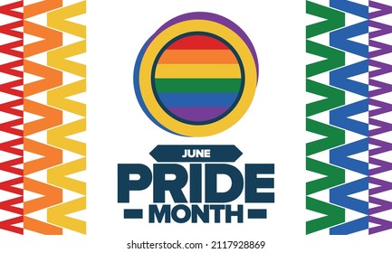 Mes del Orgullo en junio. Bandera LGBT. Transexual lesbiana gay-bisexual. Celebrado anualmente. Colores arcoiris, concepto de amor. Derechos humanos y tolerancia. Cartel, cartel y fondo. Ilustración del vector