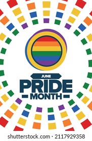 Pride Month in June. LGBT flag. Lesbian Gay Bisexual Transgender. Celebrated annual. Rainbow colours, love concept. Human rights and tolerance. Poster, banner and background. Vector illustration