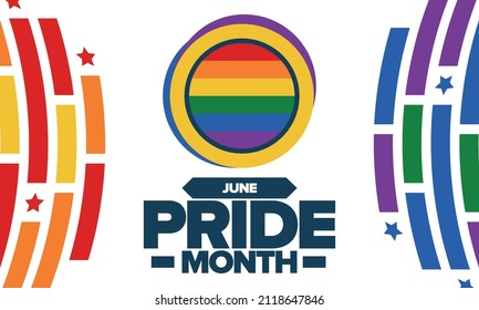 Mes del Orgullo en junio. Bandera LGBT. Transexual lesbiana gay-bisexual. Celebrado anualmente. Colores arcoiris, concepto de amor. Derechos humanos y tolerancia. Cartel, cartel y fondo. Ilustración del vector