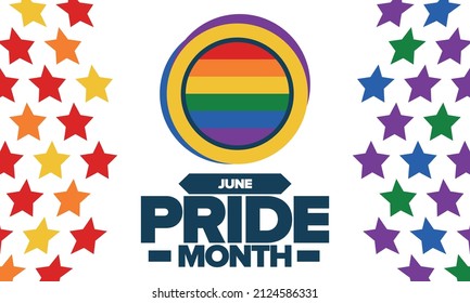 Pride Month in June. LGBT flag. Lesbian Gay Bisexual Transgender. Celebrated annual. Rainbow colours, love concept. Human rights and tolerance. Poster, banner and background. Vector illustration