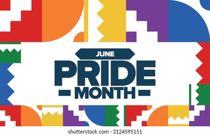 Pride Month im Juni. LGBT-Flagge. Lesbischer Schwulenschwanz Jährlich gefeiert. Regenbogenfarben, Liebeskonzept. Menschenrechte und Toleranz. Poster, Banner und Hintergrund. Vektorgrafik