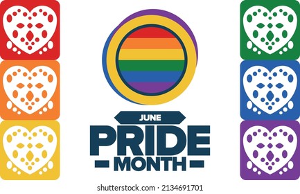 Pride Month in June. LGBT flag. Lesbian Gay Bisexual Transgender. Celebrated annual. Rainbow colours, love concept. Human rights and tolerance. Poster, banner and background. Vector illustration
