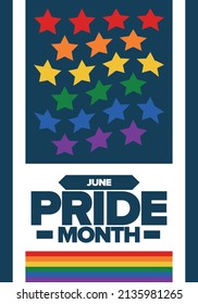Pride Month in June. LGBT flag. Lesbian Gay Bisexual Transgender. Celebrated annual. Rainbow colours, love concept. Human rights and tolerance. Poster, banner and background. Vector illustration