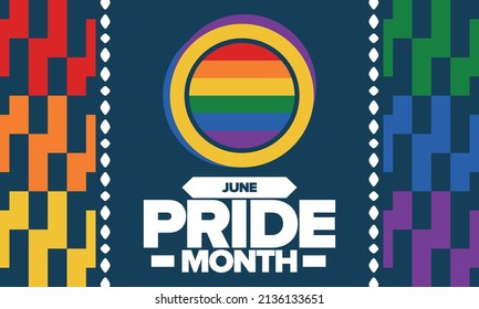 Pride Month in June. LGBT flag. Lesbian Gay Bisexual Transgender. Celebrated annual. Rainbow colours, love concept. Human rights and tolerance. Poster, banner and background. Vector illustration