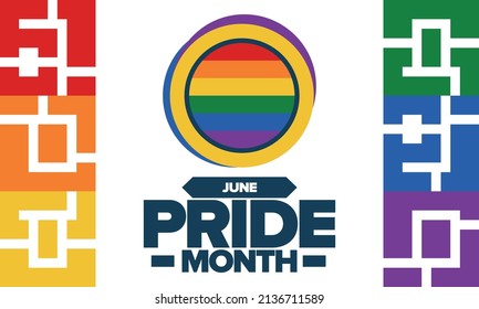 Pride Month in June. LGBT flag. Lesbian Gay Bisexual Transgender. Celebrated annual. Rainbow colours, love concept. Human rights and tolerance. Poster, banner and background. Vector illustration