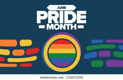 Pride Month in June. LGBT flag. Lesbian Gay Bisexual Transgender. Celebrated annual. Rainbow colours, love concept. Human rights and tolerance. Poster, banner and background. Vector illustration