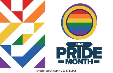 Pride Month in June. LGBT flag. Lesbian Gay Bisexual Transgender. Celebrated annual. Rainbow colours, love concept. Human rights and tolerance. Poster, banner and background. Vector illustration